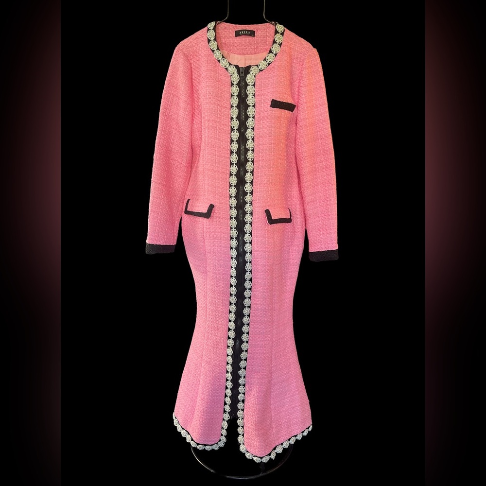 AKIRA Pink Tweed Chanel inspired Coat Dress with Satin Lining